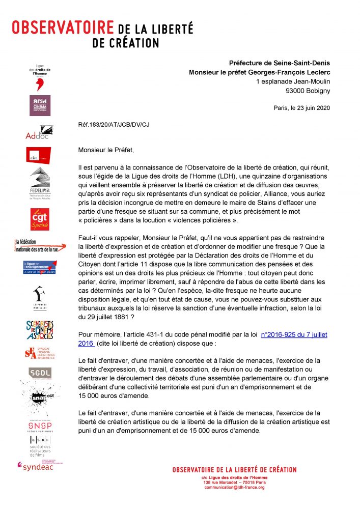 lettre au préfet 93 observatoire de la liberté de création - Ville de Stains