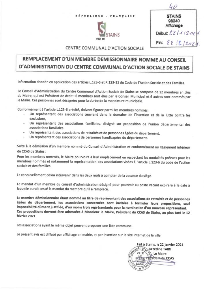 Remplacement d'un membre démissionnaire nommé au Conseil d'Administration du Centre Communal d'Action Sociale de Stains
