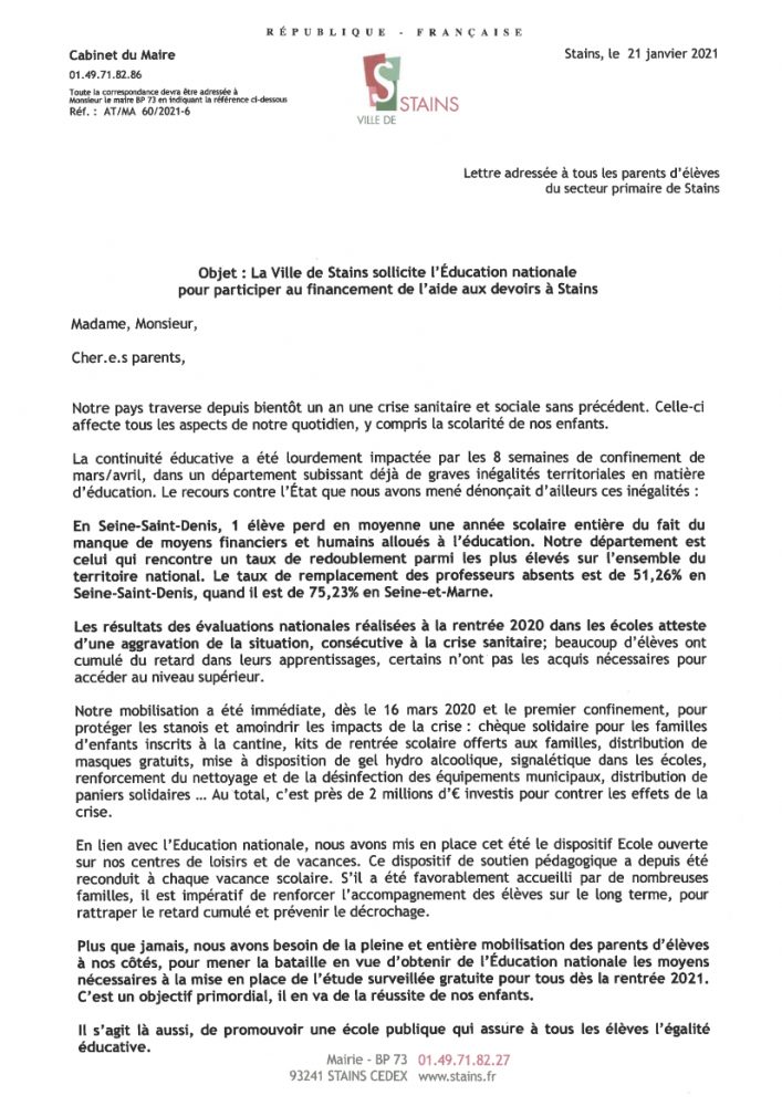 La Ville de Stains Sollicite l'Éducation nationale pour participer au financement de l'aide aux devoirs à Stains