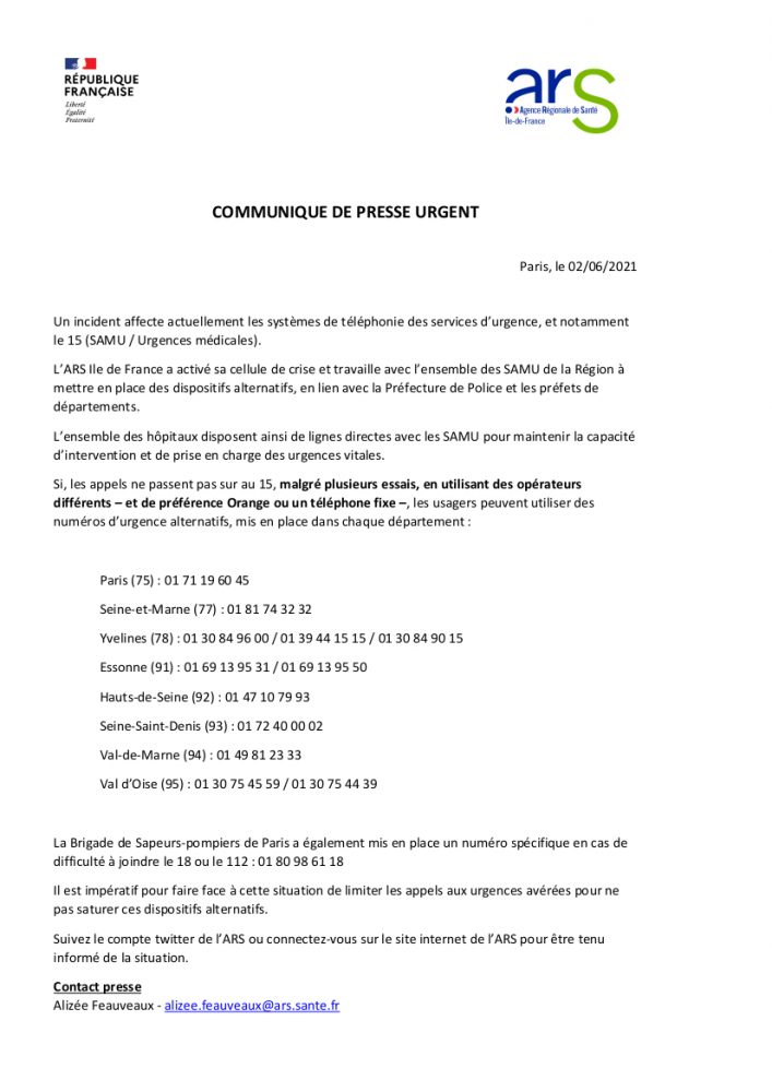 Communiqué de l'ARS - Incident sur les systèmes de téléphonie des services d’urgence - Ville de Stains